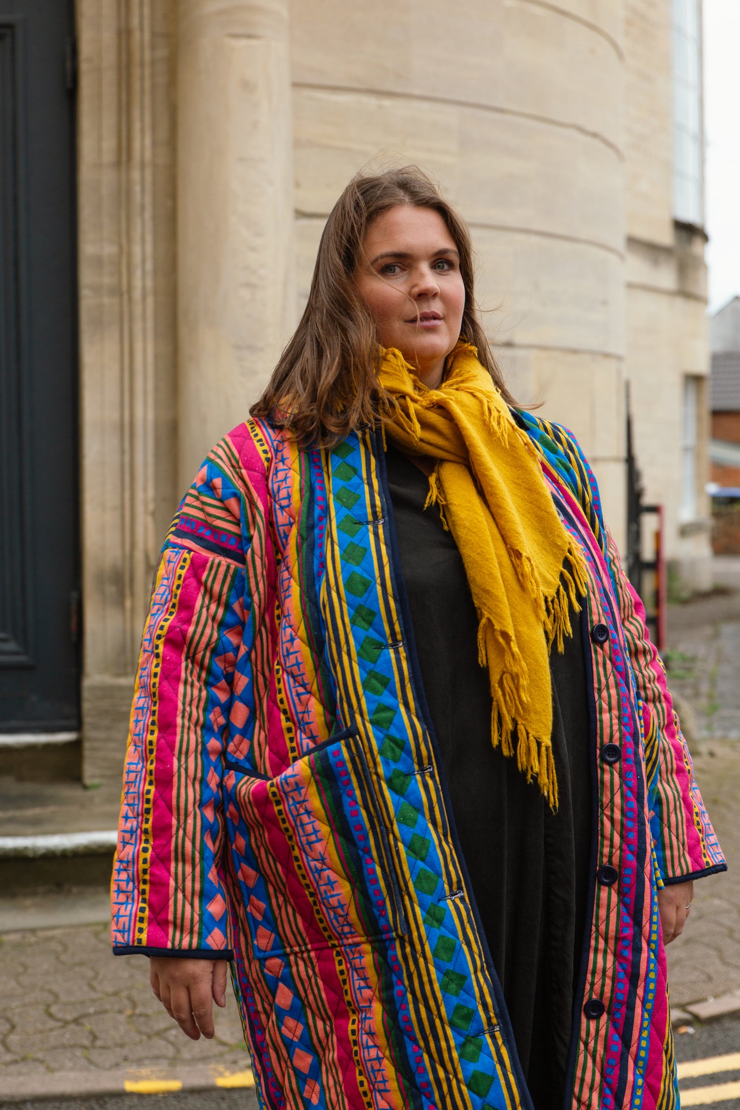 Quilted Overcoat in 'Colourful Cabaret Stripe'