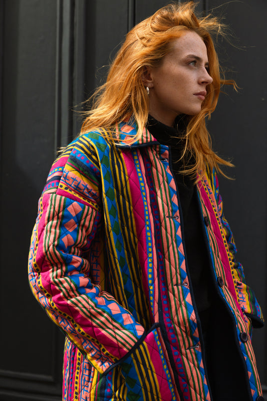 Quilted Overcoat in 'Colourful Cabaret Stripe'