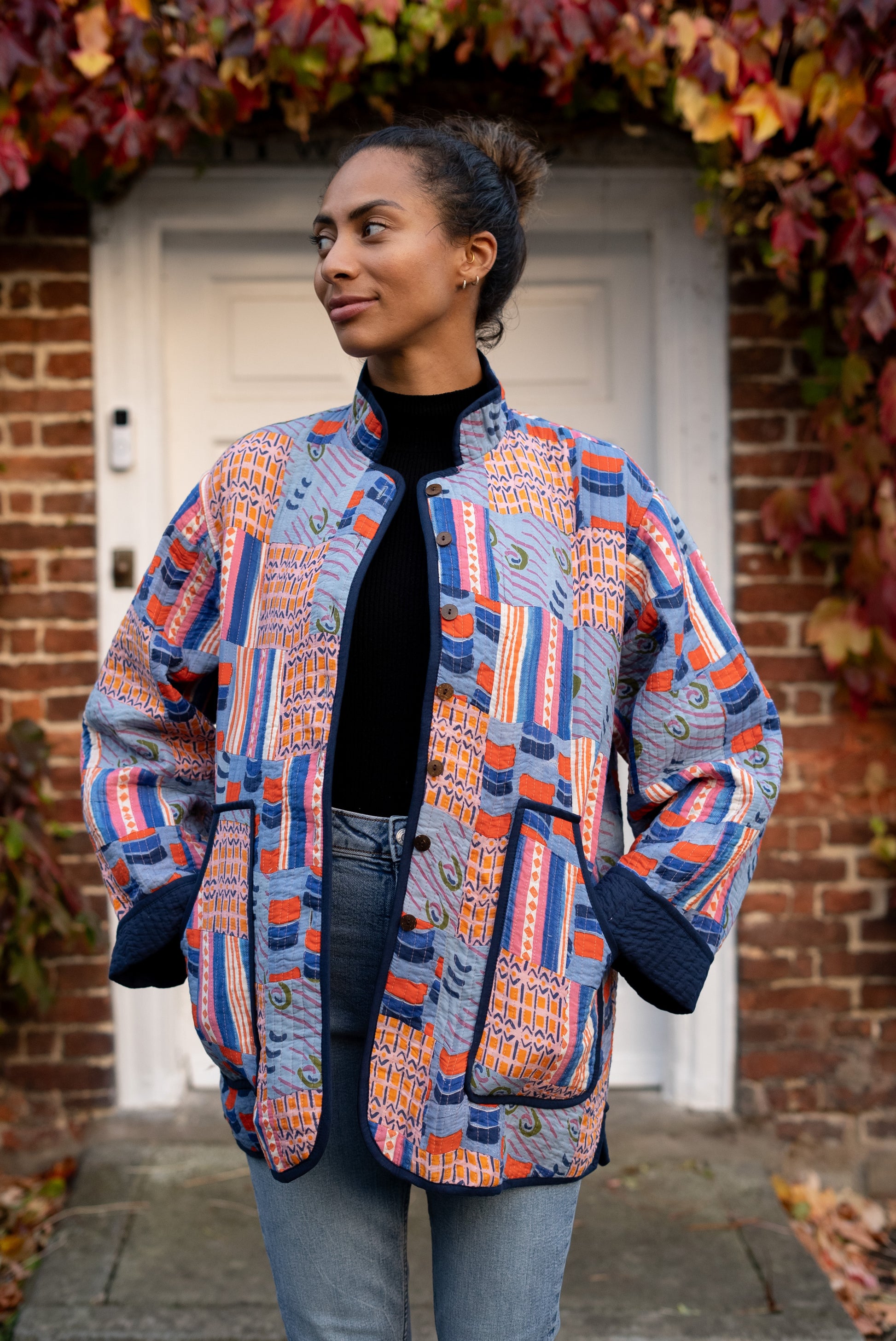 quilted coat, quilted overcoat, colourful coat, colourful jacket, padded overcoat, funky coat, colourful winter coat, quilted winter coat, humphries and begg, patterned coat, patterned quilted, indian blockprinted, blockprinted fabric, indian jacket, patchwork coat, patchwork jacket, indian patchwork coat, indian patchwork