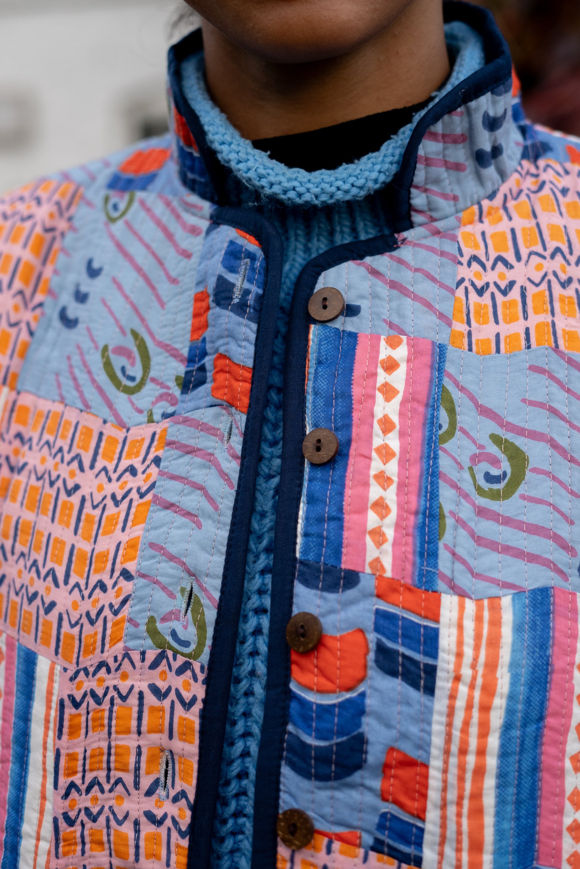 quilted coat, quilted overcoat, colourful coat, colourful jacket, padded overcoat, funky coat, colourful winter coat, quilted winter coat, humphries and begg, patterned coat, patterned quilted, indian blockprinted, blockprinted fabric, indian jacket, patchwork coat, patchwork jacket, indian patchwork coat, indian patchwork