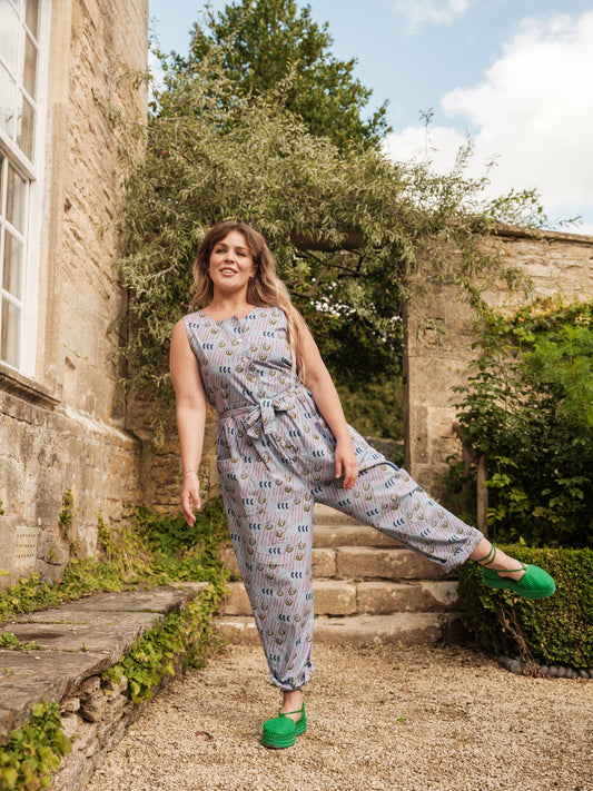 Andy Dungarees in 'Swirly Pants on Blue'