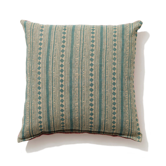 Large raspberry hash and aquamarine cabaret stripe linen cushion 60 x 60cm