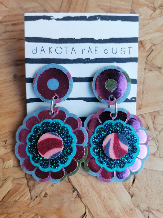 Dakota Rae Dust Earrings: Irridescent Flower & Blue Glitter