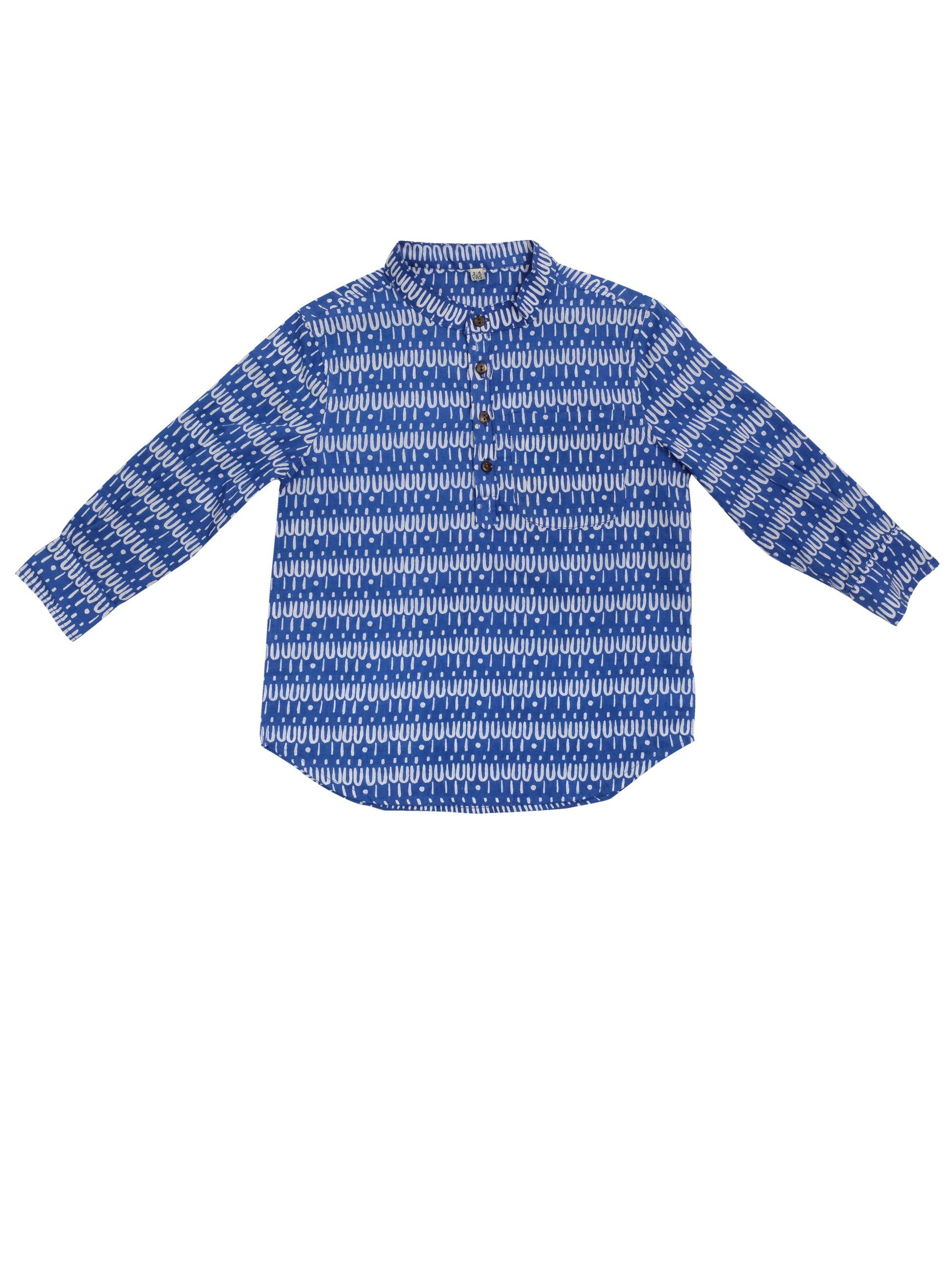 Indian collar kids shirt in Scallop on blue organic light cotton-Humphries and Begg