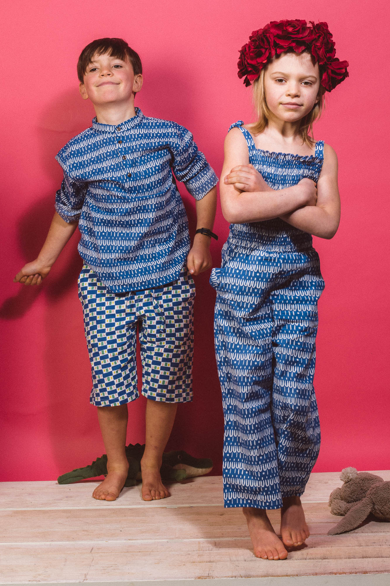 Kids organic cotton jumpsuit in Scallop on Blue-Humphries and Begg