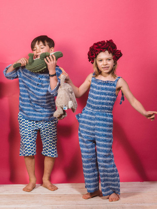 Kids organic cotton jumpsuit in Scallop on Blue-Humphries and Begg