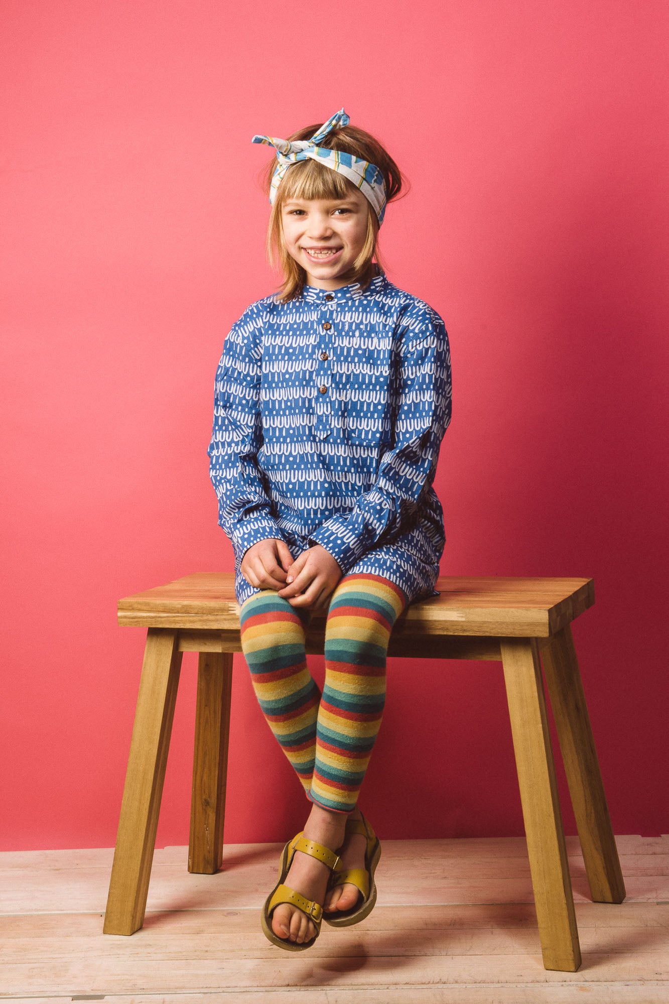 Indian collar kids shirt in Scallop on blue organic light cotton-Humphries and Begg