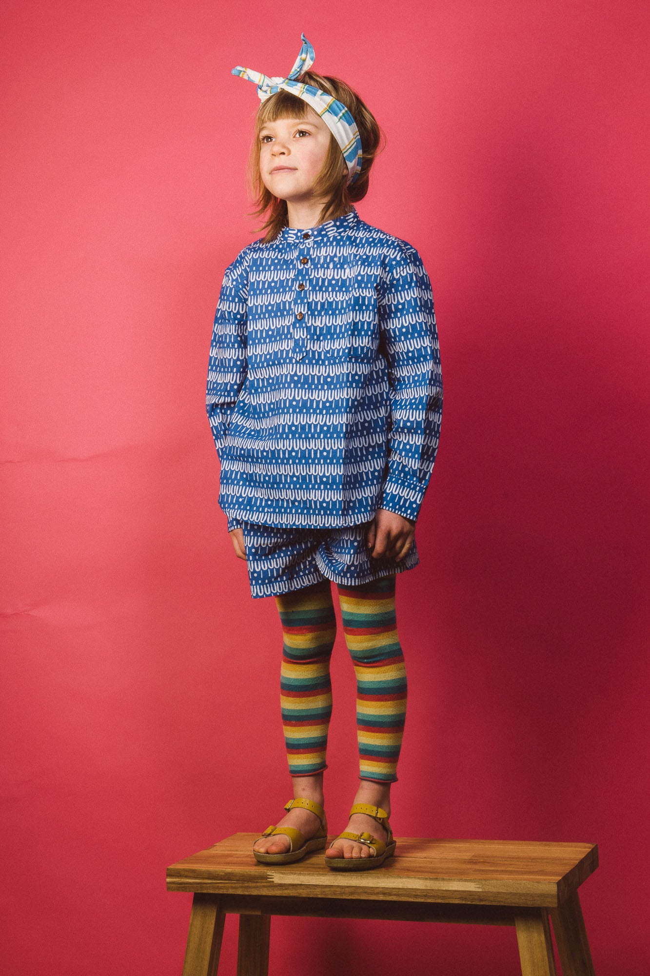 Indian collar kids shirt in Scallop on blue organic light cotton-Humphries and Begg