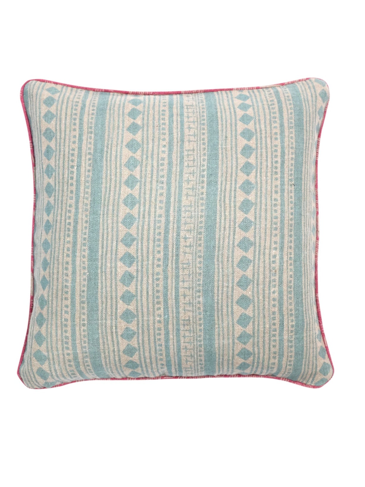 Small piped aquamarine cabaret stripe linen cushion 45 x 45cm-Humphries and Begg