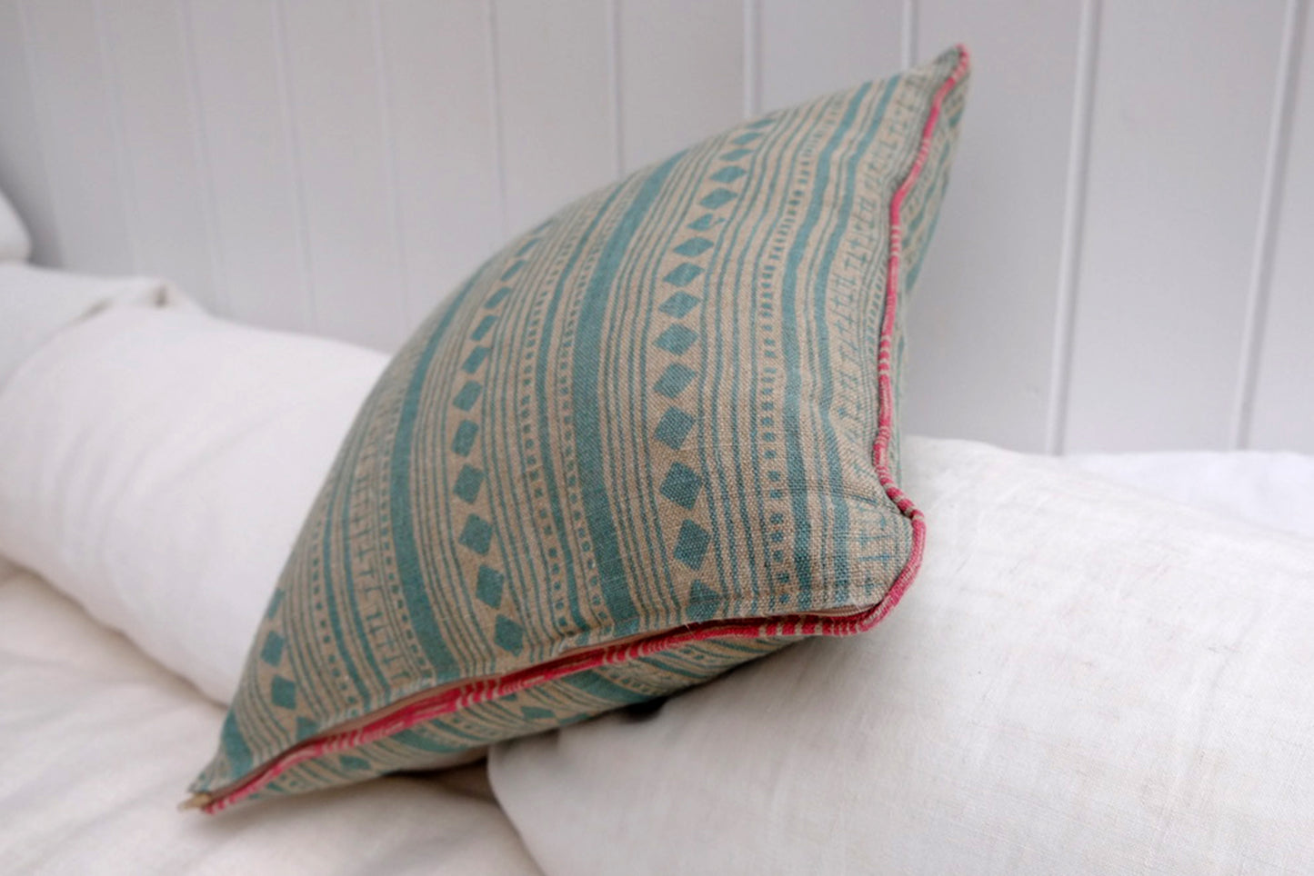 Small piped aquamarine cabaret stripe linen cushion 45 x 45cm-Humphries and Begg