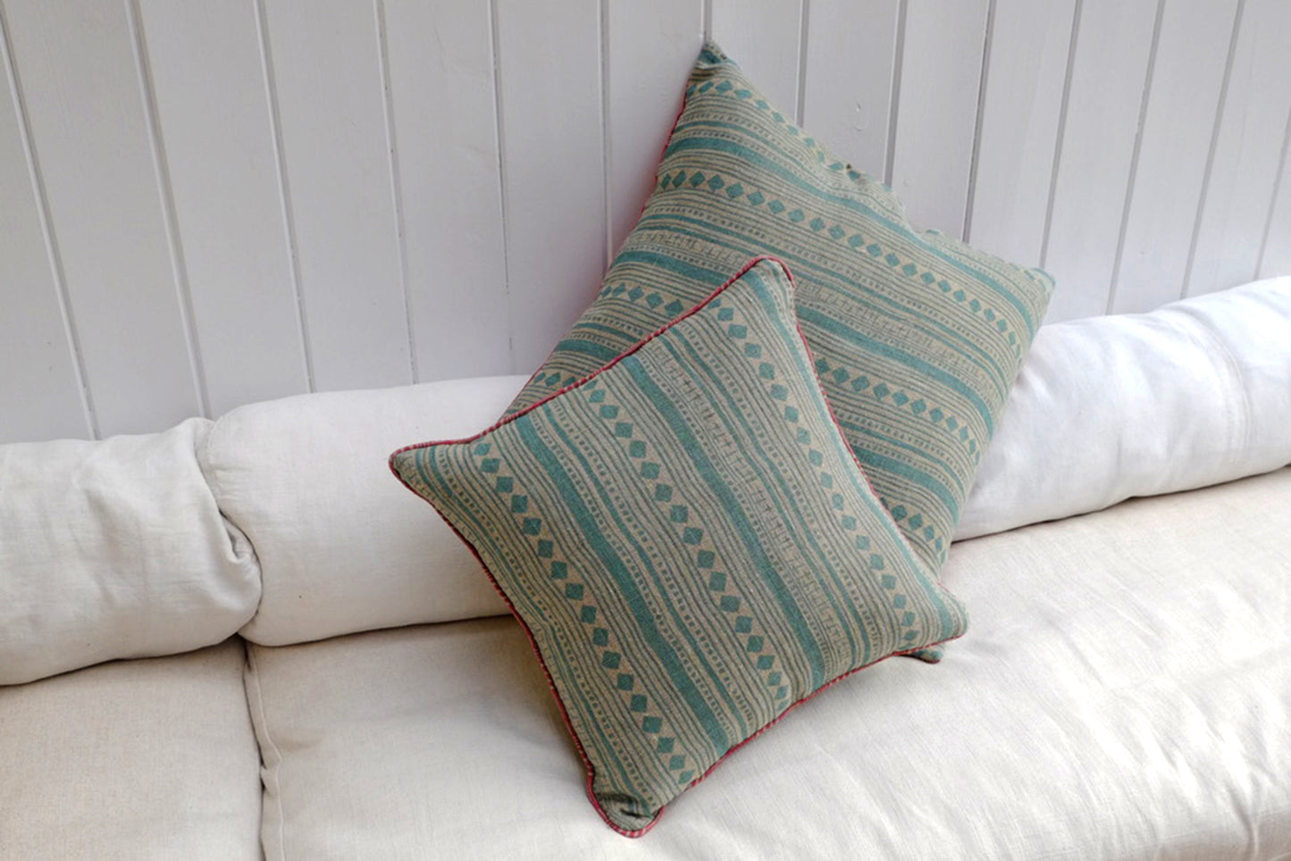 Small piped aquamarine cabaret stripe linen cushion 45 x 45cm-Humphries and Begg