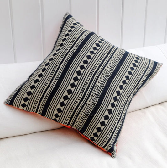 Small black cabaret stripe and patchwork picnic linen cushion 45 x 45cm-Humphries and Begg