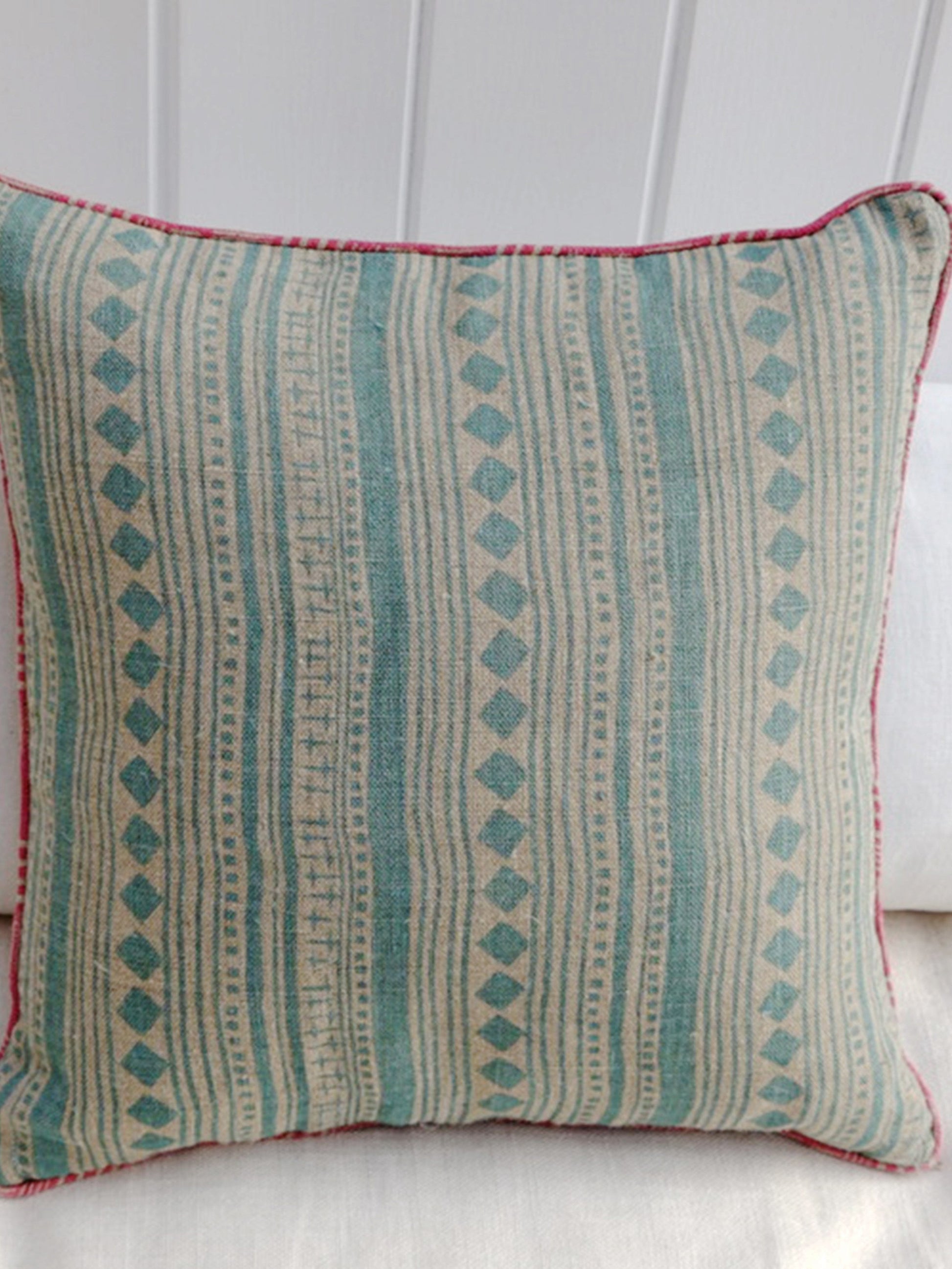 Small piped aquamarine cabaret stripe linen cushion 45 x 45cm-Humphries and Begg